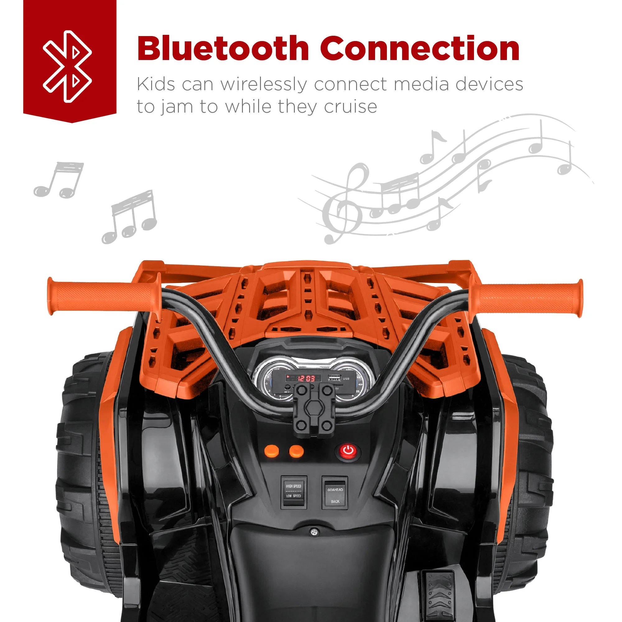 12V Kids Ride-On ATV Quad – Orange with Bluetooth, LED Lights, Treaded Wheels & 2-Speed Forward/Reverse