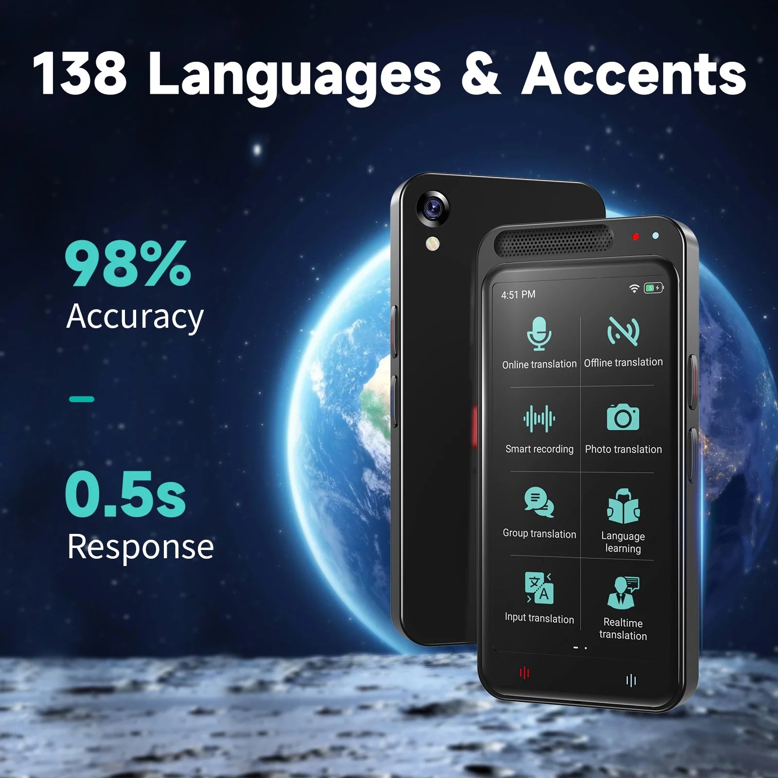 Language Translator Device – Two-Way Smart Voice & Photo Translator, Real-Time Online/Offline Translation for Travel, Business & Learning (Black)