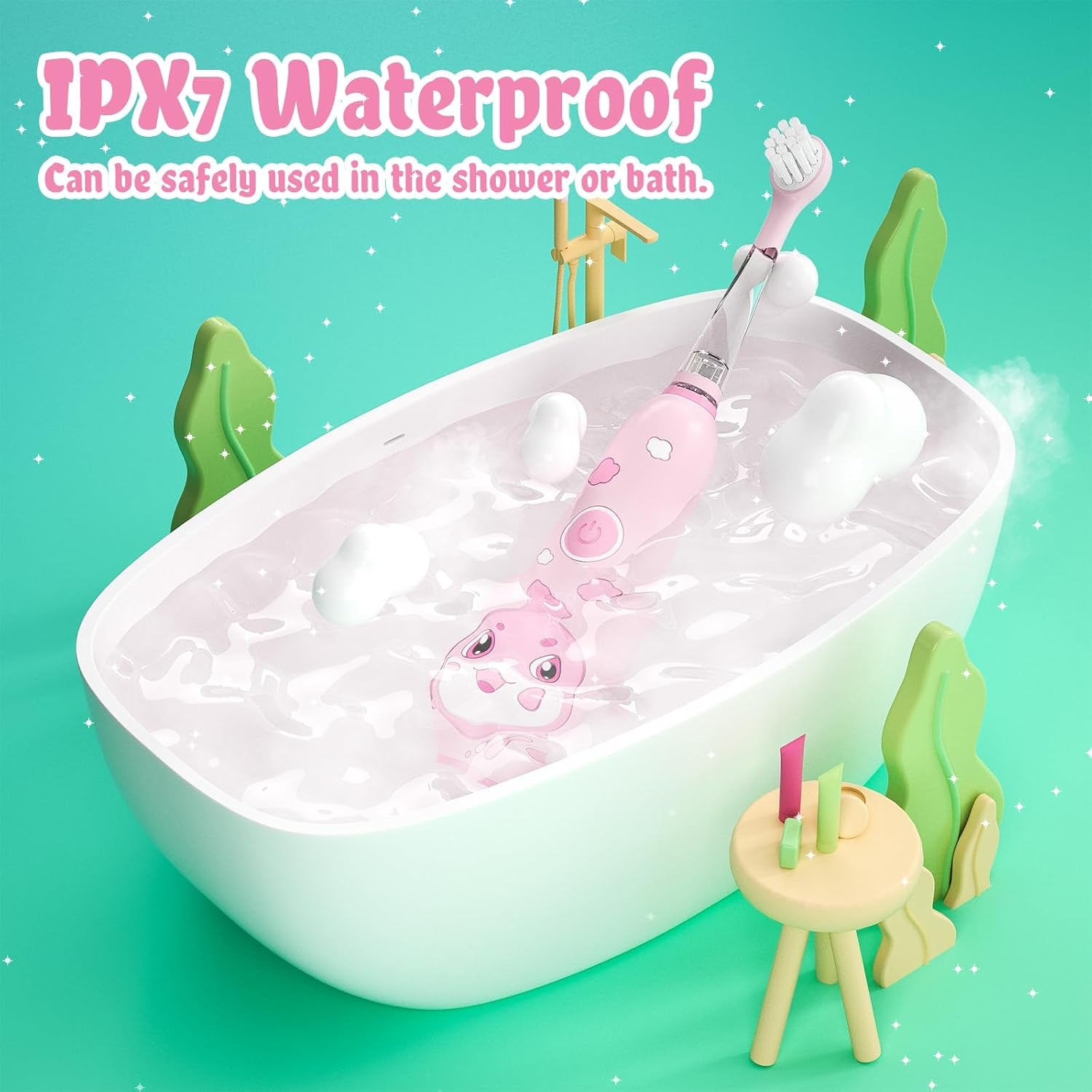 Kids Electric Toothbrush Rechargeable with Magnetic Charging – 8 Heads & LED Light for Toddlers & Kids Ages 2-6 (Pink)