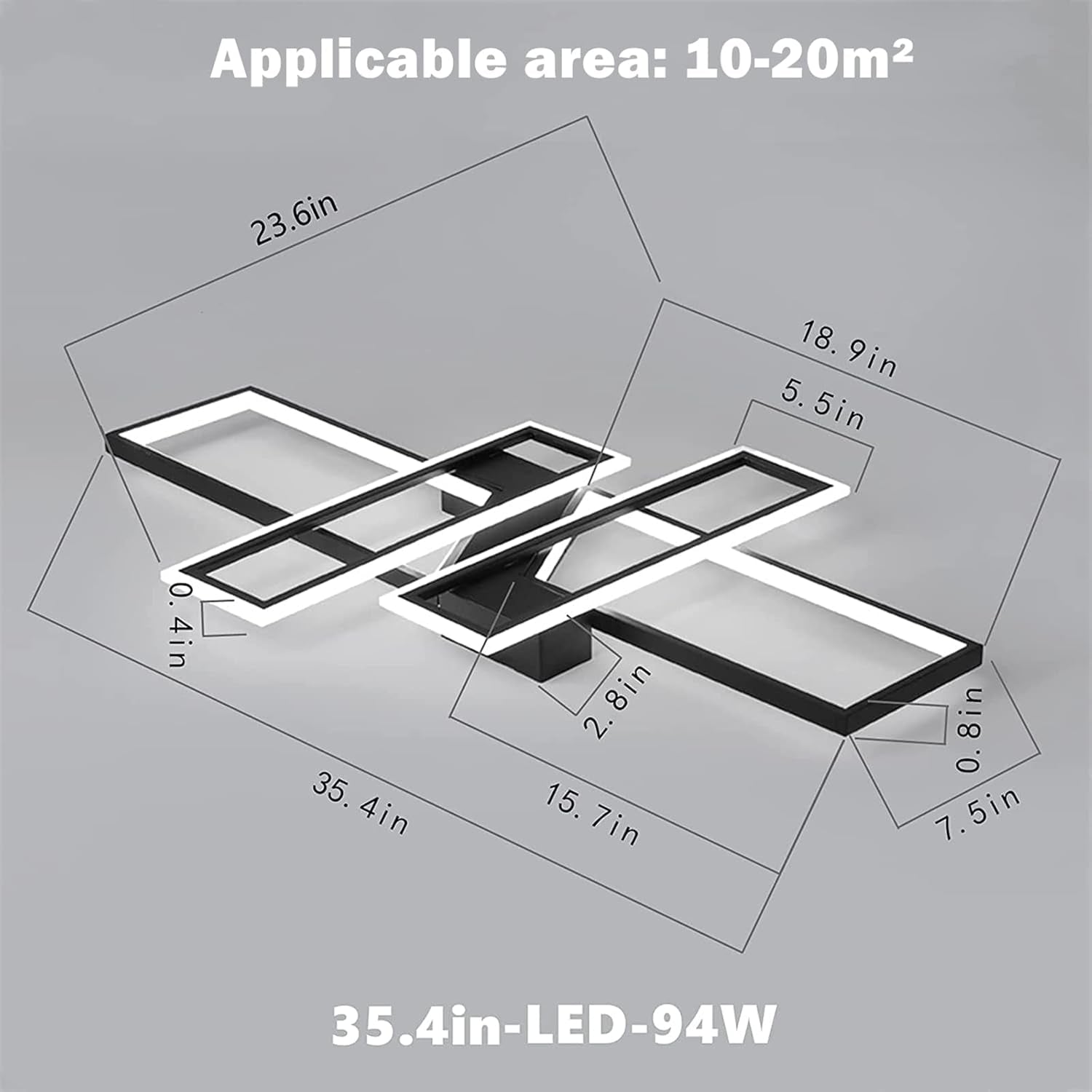 35.4" Modern LED Ceiling Light Fixture – 94W Black Dimmable Rectangular Chandelier with Remote Control, Flush Mount Geometric Lamp for Living Room & Bedroom