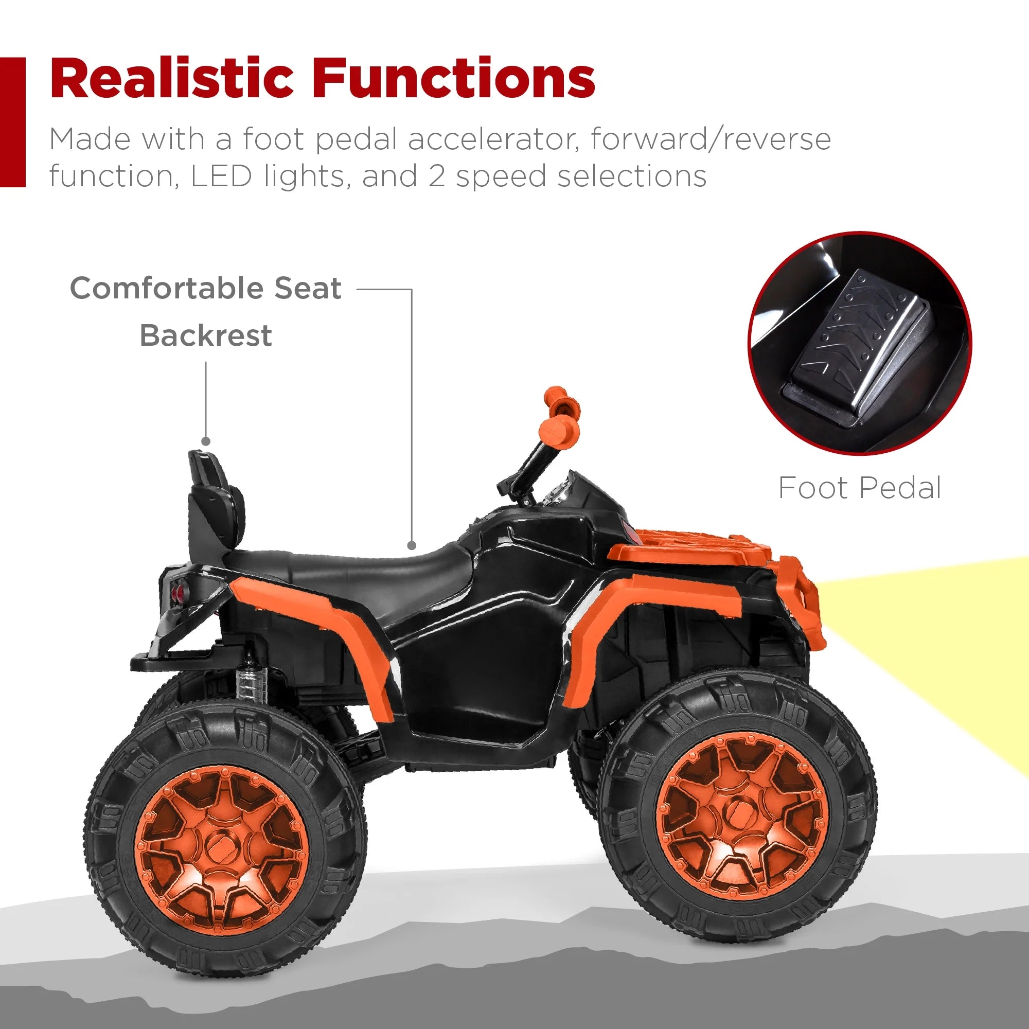 12V Kids Ride-On ATV Quad – Orange with Bluetooth, LED Lights, Treaded Wheels & 2-Speed Forward/Reverse
