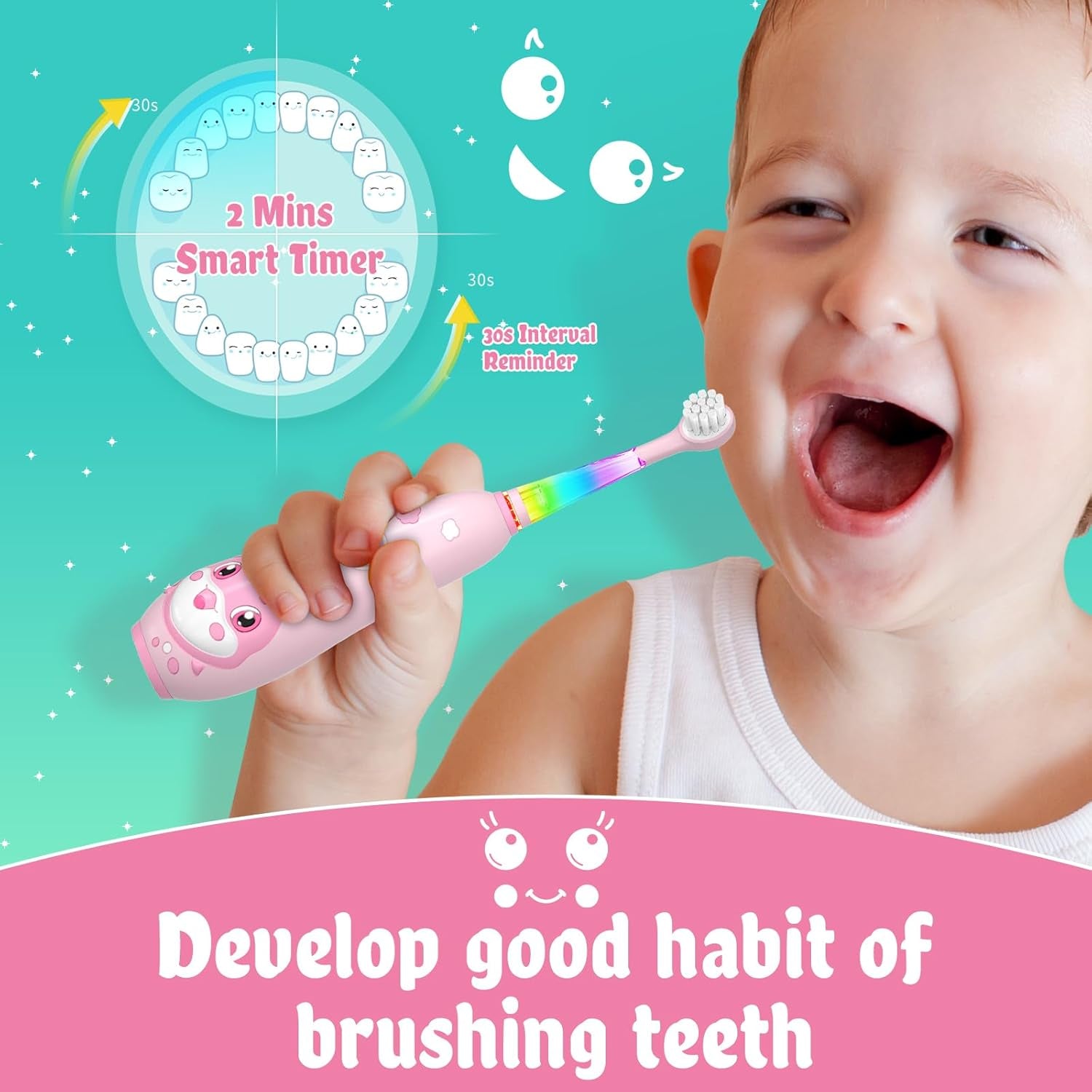 Kids Electric Toothbrush Rechargeable with Magnetic Charging – 8 Heads & LED Light for Toddlers & Kids Ages 2-6 (Pink)