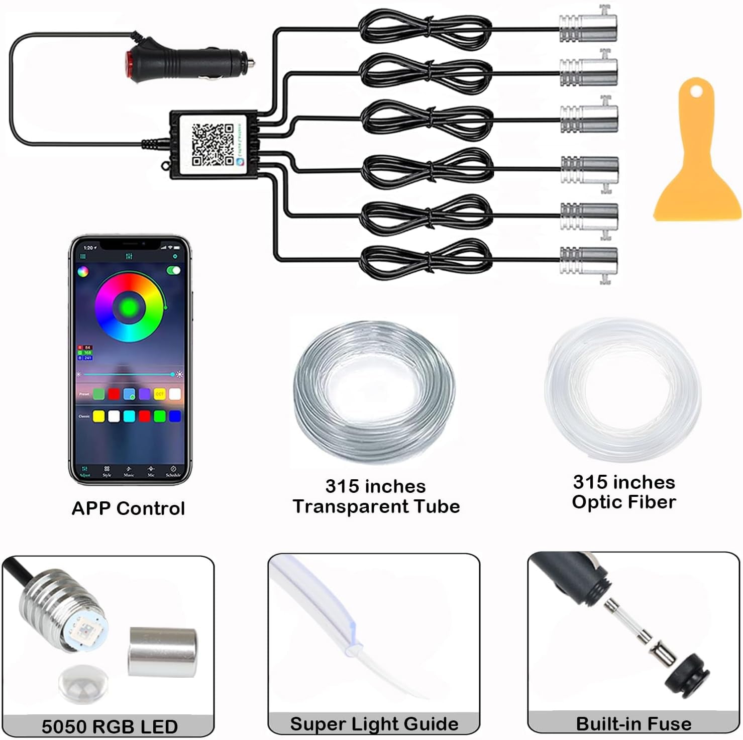 Interior Car LED Strip Lights – 6-in-1 RGB Ambient Lighting Kit with 315" Fiber Optic, Bluetooth APP Control & Music Sync