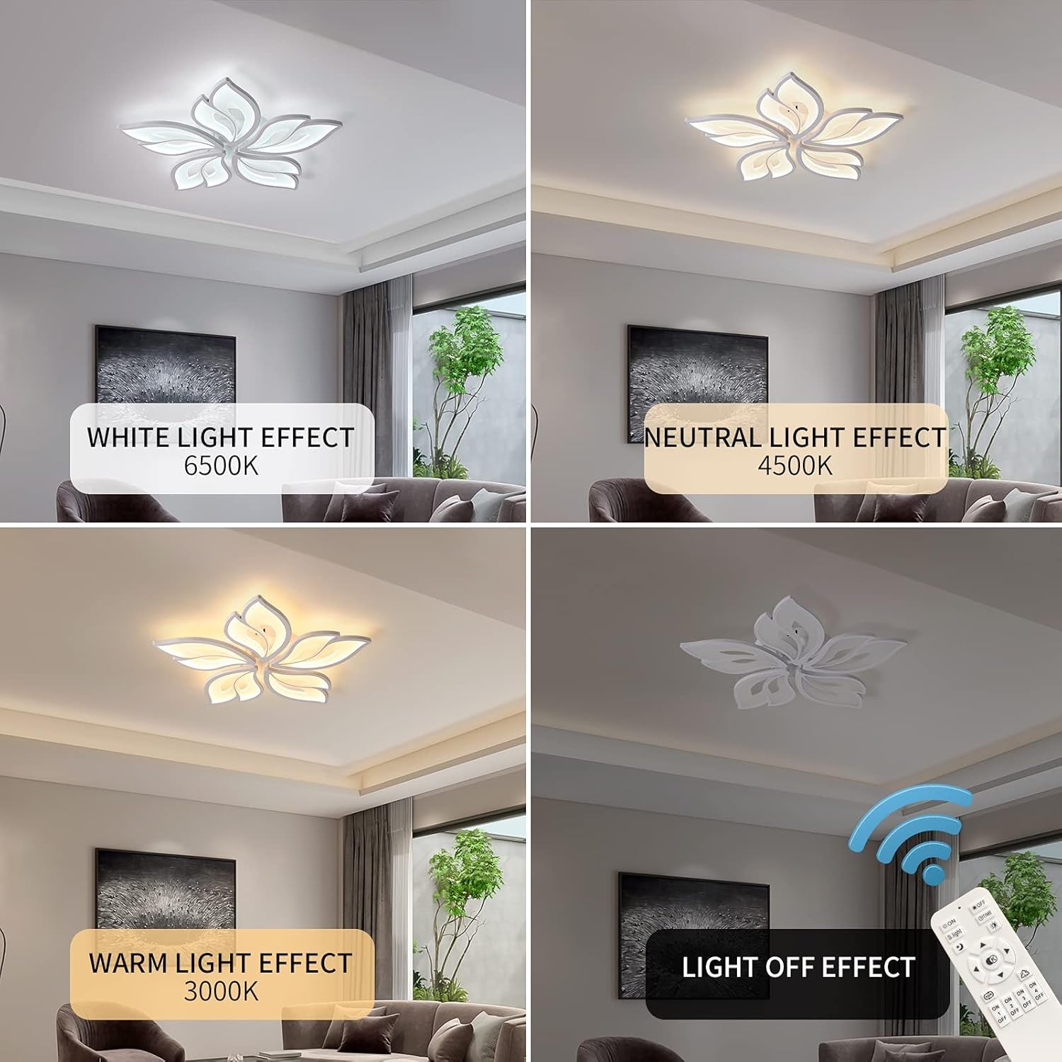 Modern Ceiling Light 23.6” – Dimmable LED Chandelier Flush Mount with Remote Control, Acrylic Leaf White Lamp Fixture for Living Room, Dining Room & Bedroom, 60W