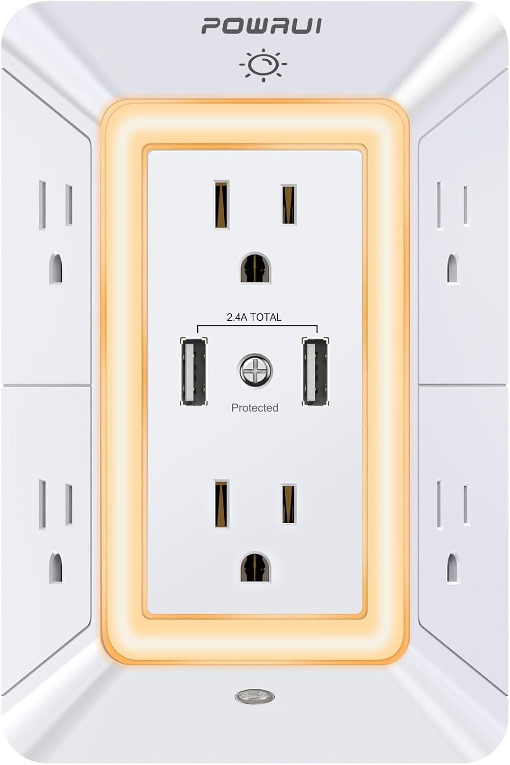 USB Wall Charger Surge Protector 6-Outlet Extender with Night Light & 2 USB Ports