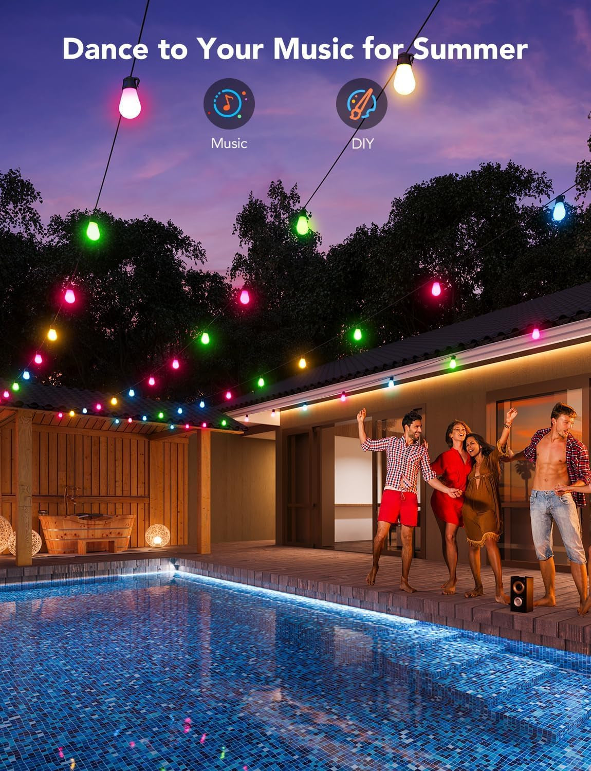 Smart Outdoor String Lights H7015 – 48Ft RGBIC LED Patio Lights with 15 Dimmable Bulbs, App Control, 47 Scene Modes, IP65 Waterproof