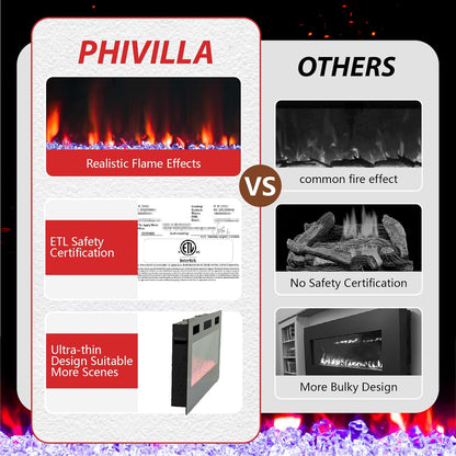 72&quot; Electric Fireplace – Wall Mounted &amp; Recessed, 3.19&quot; Ultra-Thin Linear Heater with Remote, Touch Screen, 750/1500W, Low Noise, Timer