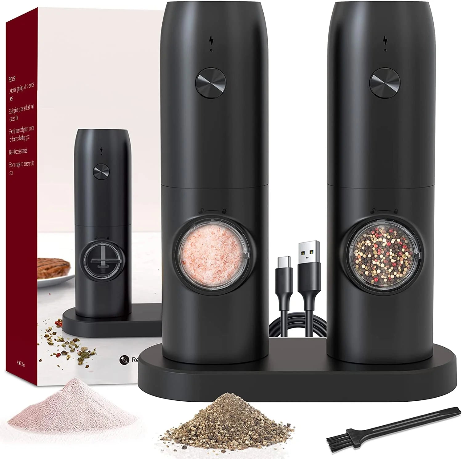 Electric Salt and Pepper Grinder Set – 2-Pack Rechargeable, Adjustable Coarseness, One-Handed Operation with LED Light
