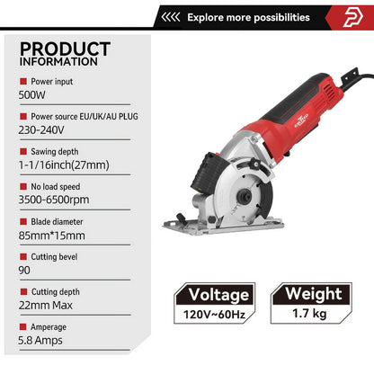 4.5-Amp 3-3/8&quot; Compact Electric Circular Saw with Laser Guide – 6500 RPM High-Speed Power Saw for Wood, Tile, and Plastic Cutting