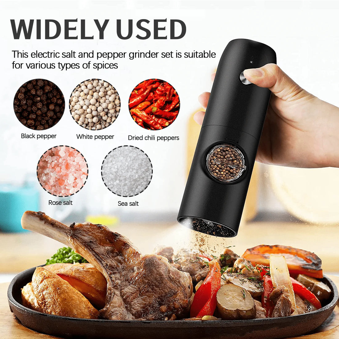 Electric Salt and Pepper Grinder Set – 2-Pack Rechargeable, Adjustable Coarseness, One-Handed Operation with LED Light