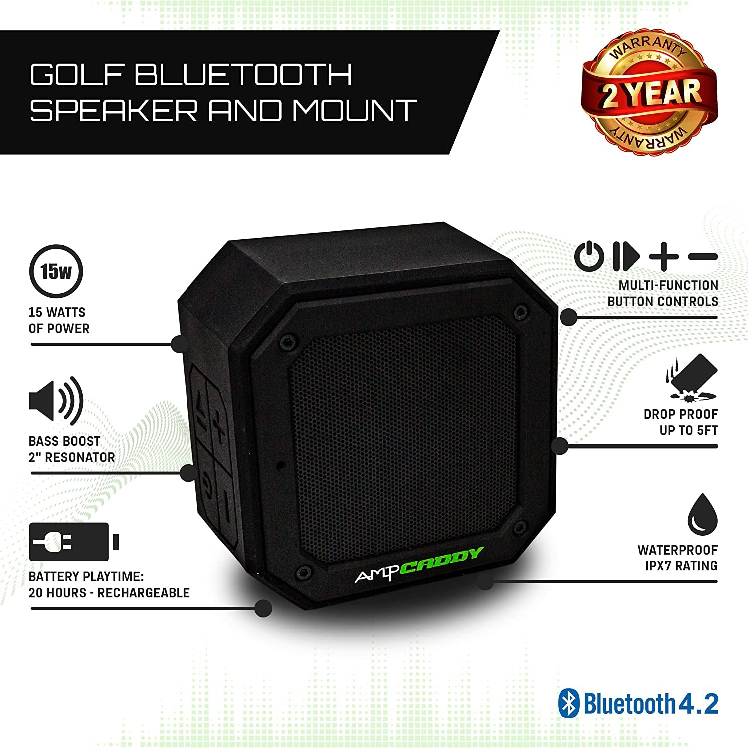 Golf Bluetooth Speaker with Mount – V3 Pro 15W Speaker with Loud Stereo Sound, Bass Boost, Long Battery Life &amp; Extended Bluetooth Range