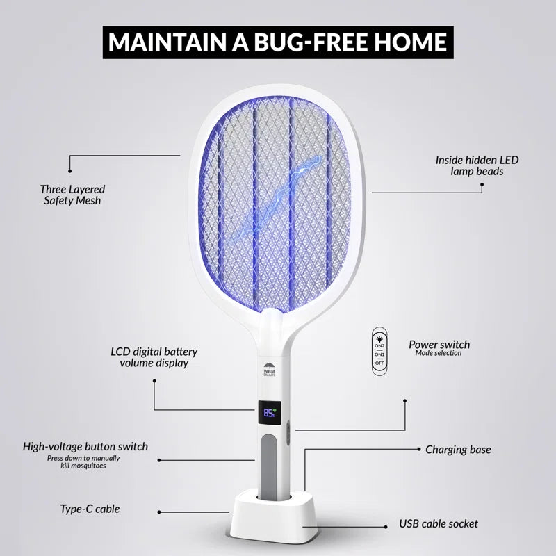 2-in-1 Electric Fly Swatter &amp; Mosquito Trap Lamp – USB Rechargeable Insect Zapper Racket with LED Light for Indoor &amp; Outdoor Use