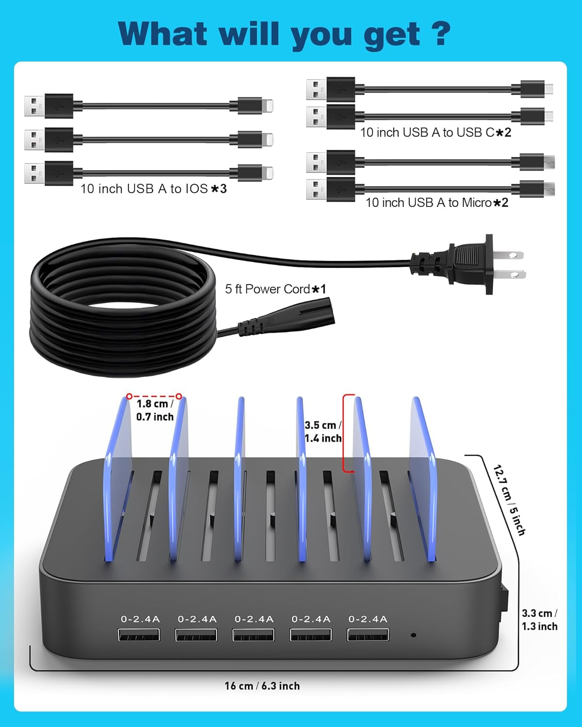 5-Port Multi USB-A Charging Station with Organizer Dock – Includes 7 Short Cables | Compatible with iPhone, iPad, Cell Phones &amp; Tablets | Gray