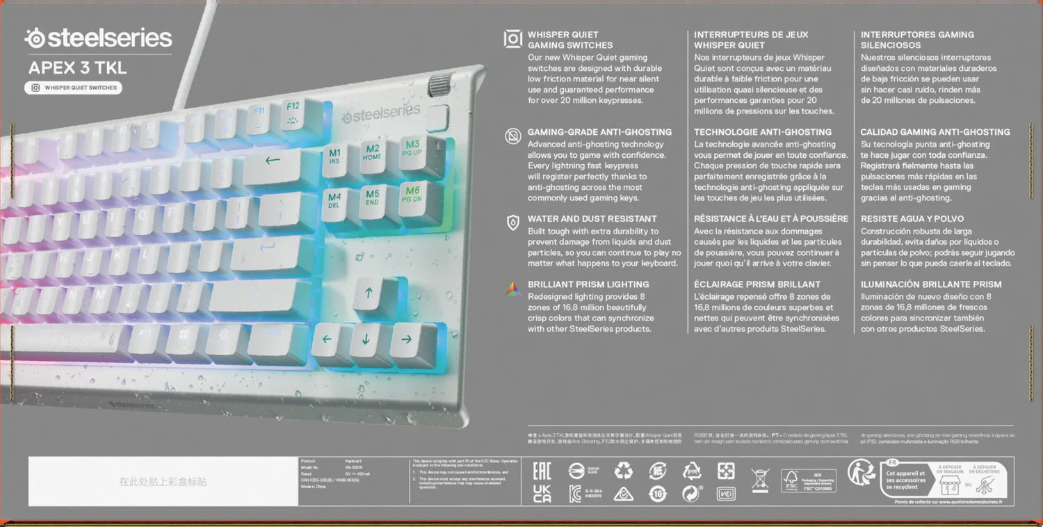 Apex 3 TKL RGB Wired Gaming Keyboard — Water &amp; Dust Resistant, Whisper-Quiet Gaming Switches, White