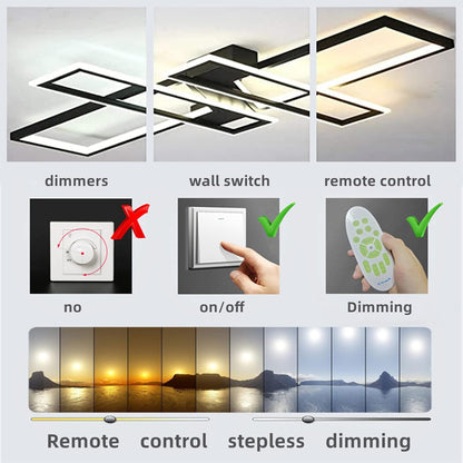 35.4&quot; Modern LED Ceiling Light Fixture – 94W Black Dimmable Rectangular Chandelier with Remote Control, Flush Mount Geometric Lamp for Living Room &amp; Bedroom