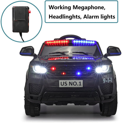 🚓 12V Police Car Ride-On with Remote Control, Real Megaphone, Music, LED Siren &amp; Bluetooth – For Kids Ages 3-8