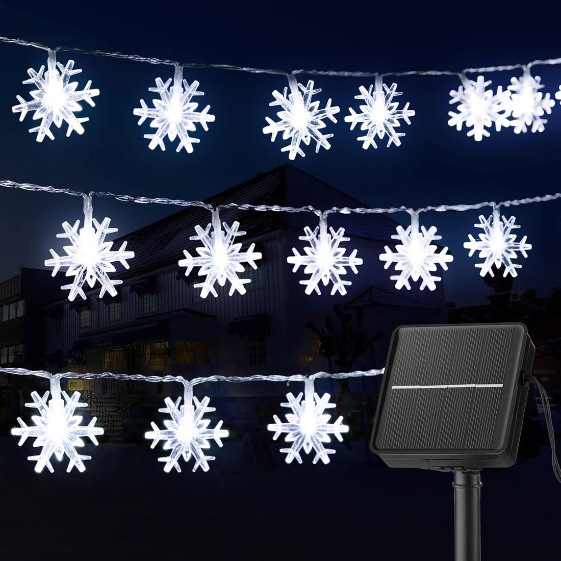 Solar Christmas Snowflake String Lights – 100 LED, 39 Feet, Outdoor Waterproof Fairy Lights with 8 Lighting Modes, Pure White