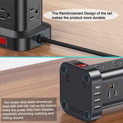 Power Strip Tower – 12 Outlets with 4 USB Ports, Surge Protector Charging Station with 6.5Ft Extension Cord (Black)