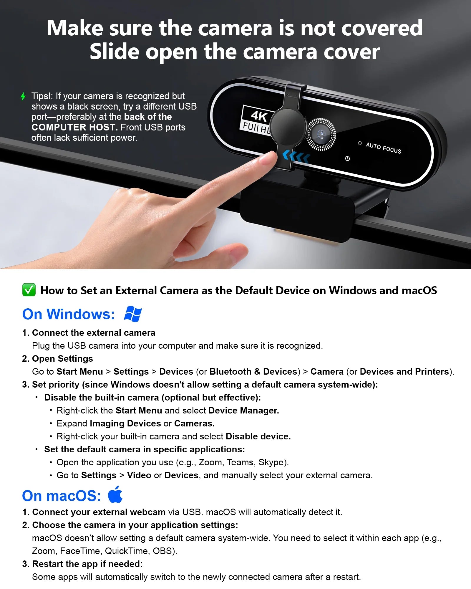 4K HD USB Autofocus Webcam with Dual Microphones – PC, Laptop, Gaming &amp; Xbox Streaming