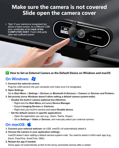 4K HD USB Autofocus Webcam with Dual Microphones – PC, Laptop, Gaming &amp; Xbox Streaming