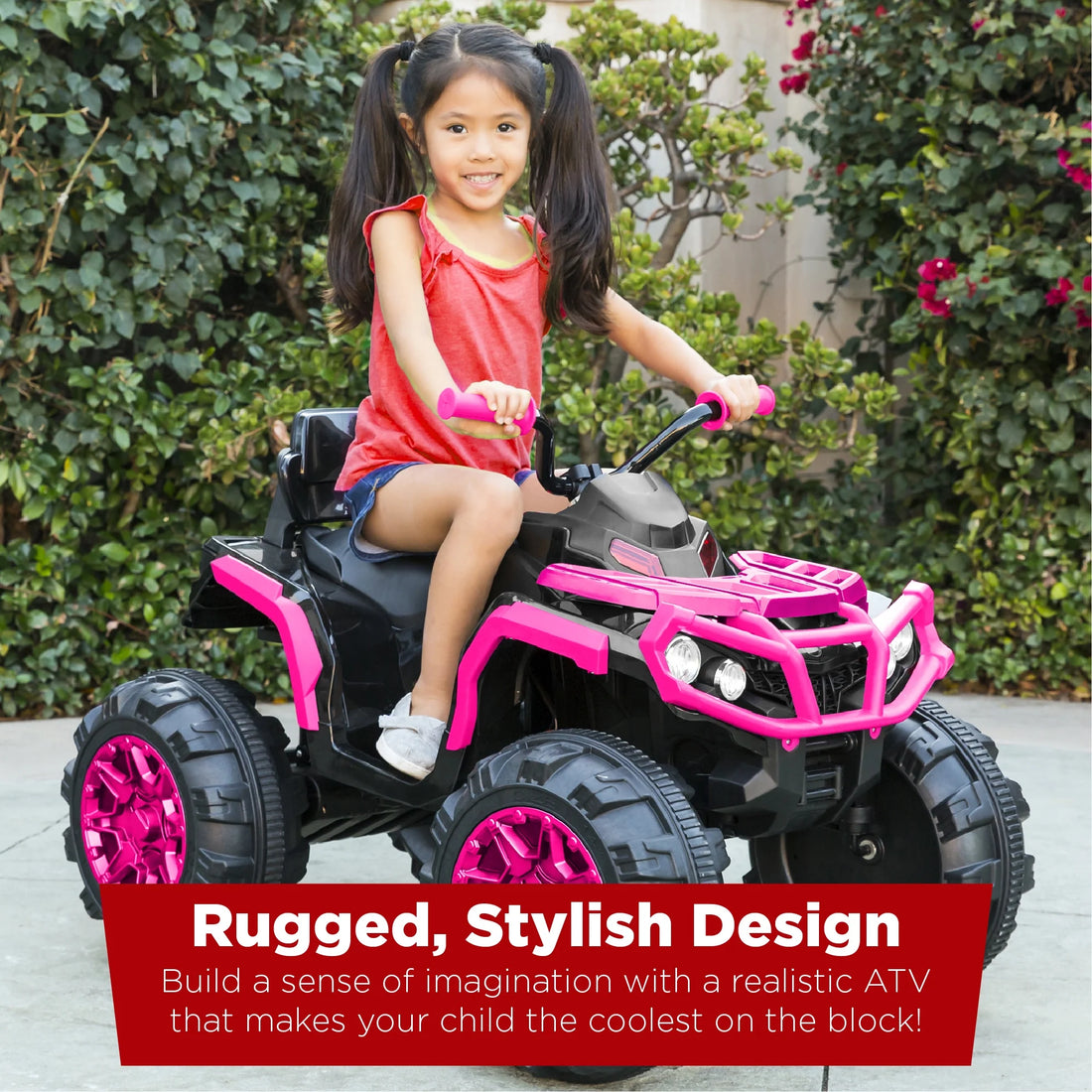 🚙 12V Kids Ride-On ATV Quad with Bluetooth, LED Lights, Treaded Tires &amp; Radio – Hot Pink