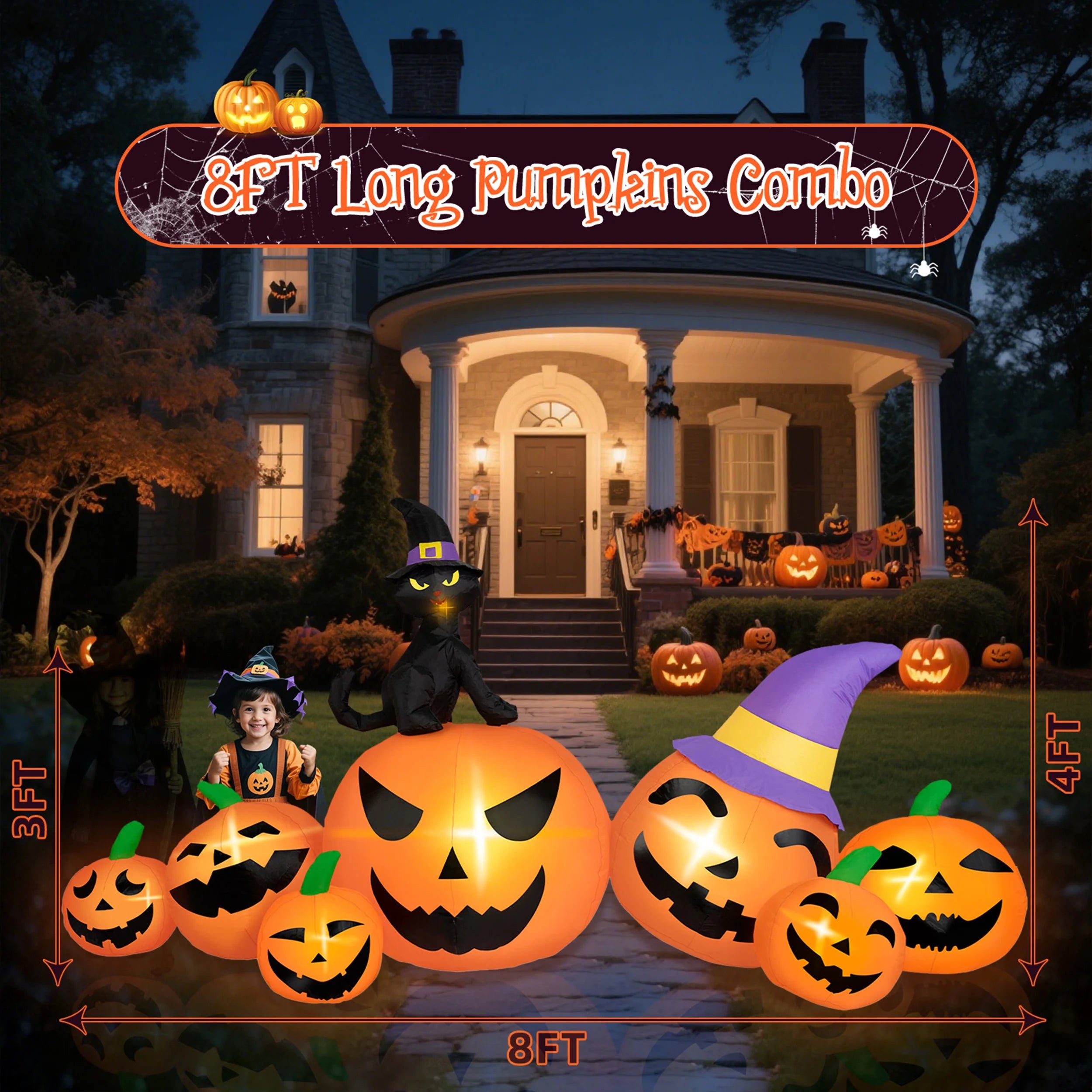 8FT Long Halloween Inflatable Pumpkins – Blow-Up Yard Decor with Witch Hat, Black Cat &amp; Built-In LED Lights for Lawn, Garden, Party &amp; Outdoor Displays