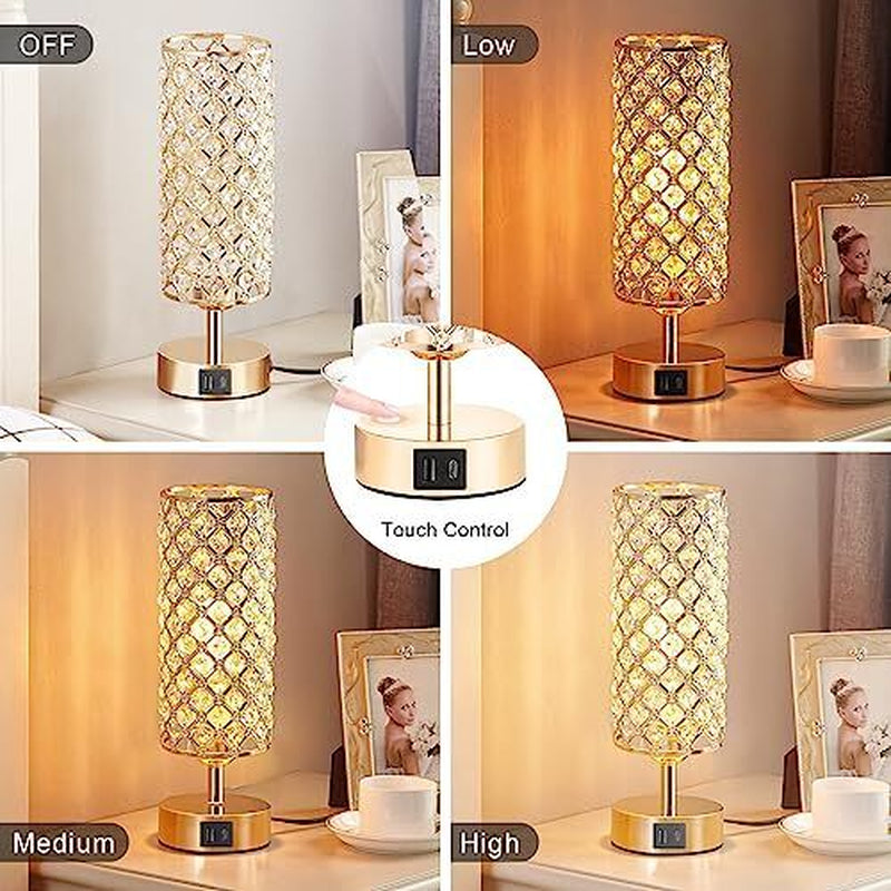 Crystal Table Lamp for Bedroom with USB-C, USB-A, and USB-C+A Charging Ports | Elegant Gold Finish