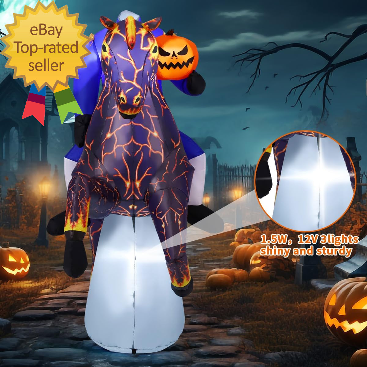 🎃💨 6FT Long Halloween Inflatable Headless Horseman – Spooky Outdoor Blow-Up Decoration with LED Lights for Yard, Lawn, or Garden Display