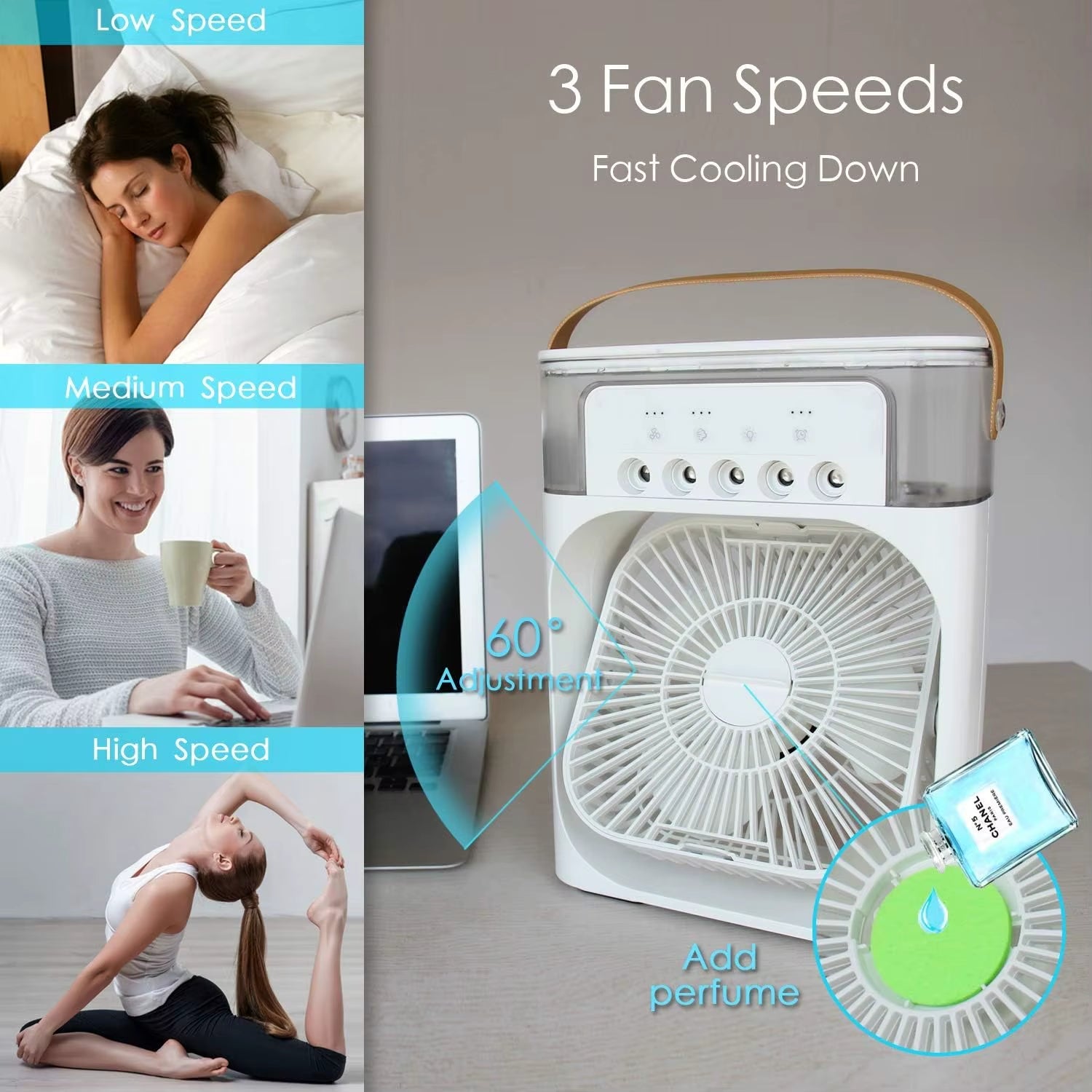 3-in-1 Portable Air Cooler Fan – USB Electric Mini Air Conditioner with LED Night Light &amp; Humidifier for Home or Office