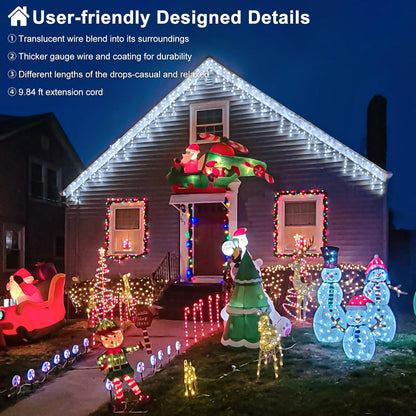 66Ft 640 LED White Icicle Christmas Lights – Waterproof Outdoor/Indoor Holiday Lights with 8 Modes &amp; Timer – Plug-In Connectable for House, Roof, Yard, Eaves &amp; Party Decor
