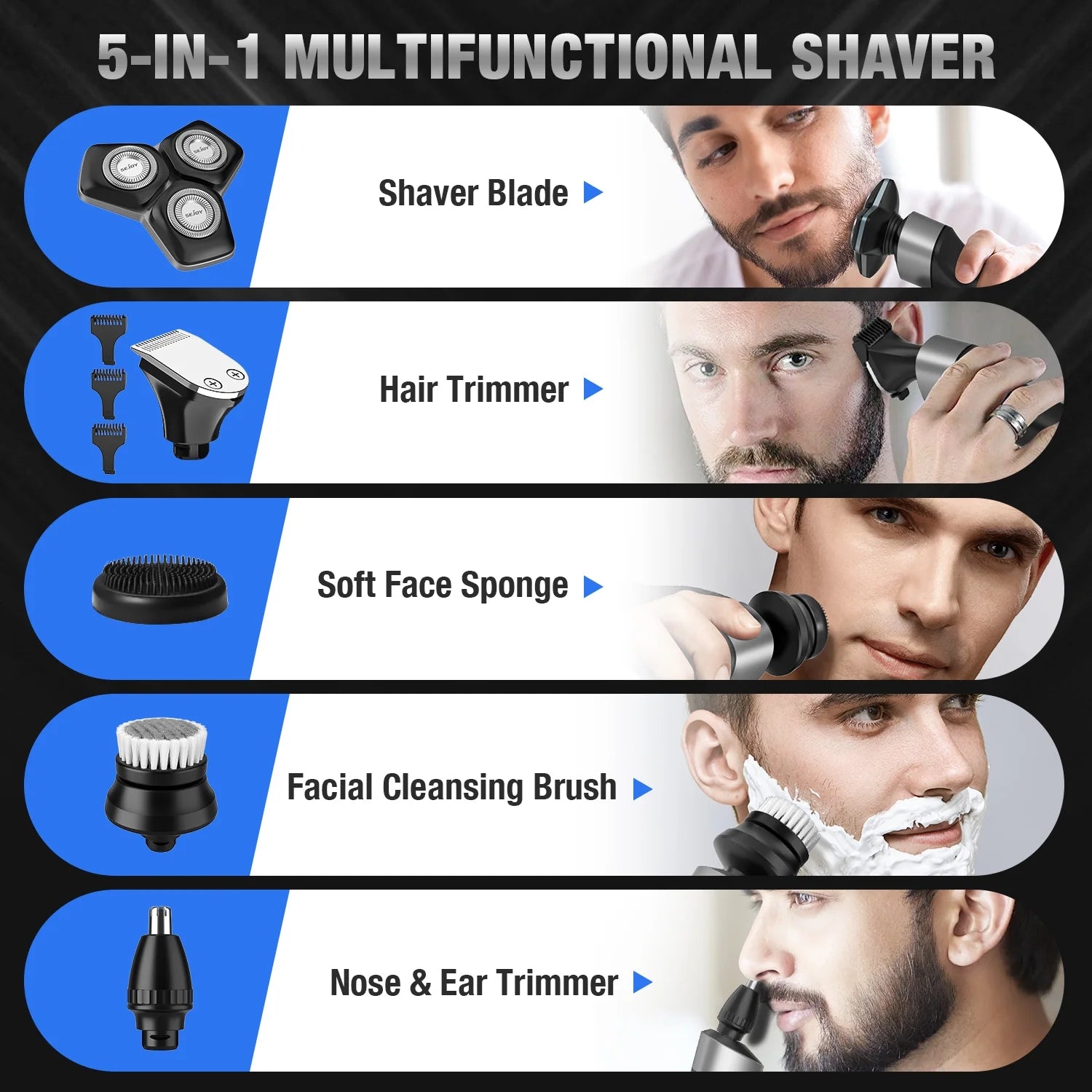 5-in-1 Multi-Function Rechargeable Electric Shaver for Men – Hair Trimmer, Ear &amp; Nose Hair Trimmer, Wet/Dry Use, Cordless, Gray