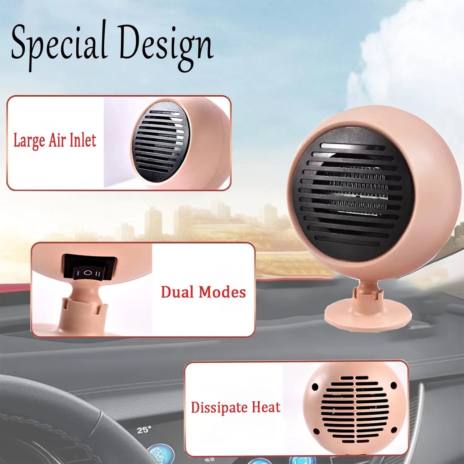 2 in 1 Portable Car Heater &amp; Cooler Fan – 180W 12V Mini Car Air Heater and Speed Cooling Fan with 360° Rotation – Pink