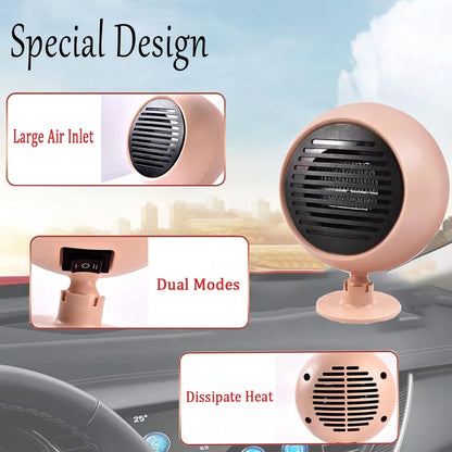 2 in 1 Portable Car Heater &amp; Cooler Fan – 180W 12V Mini Car Air Heater and Speed Cooling Fan with 360° Rotation – Pink
