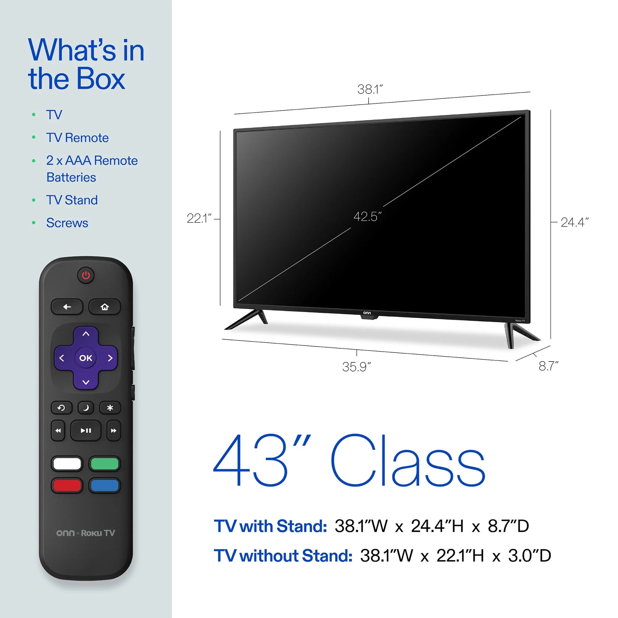 43” Class 4K UHD (2160P) LED Roku Smart TV with HDR – Model 100012584