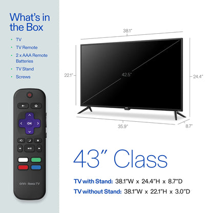 43” Class 4K UHD (2160P) LED Roku Smart TV with HDR – Model 100012584