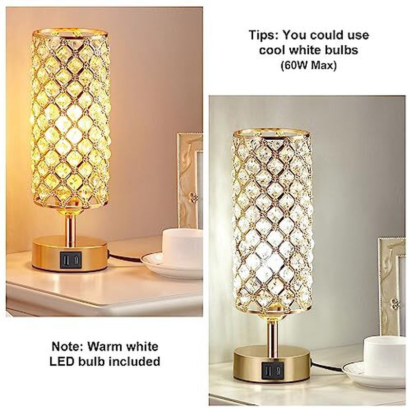 Crystal Table Lamp for Bedroom with USB-C, USB-A, and USB-C+A Charging Ports | Elegant Gold Finish