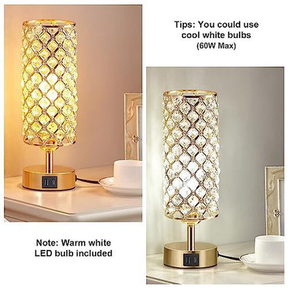 Crystal Table Lamp for Bedroom with USB-C, USB-A, and USB-C+A Charging Ports | Elegant Gold Finish