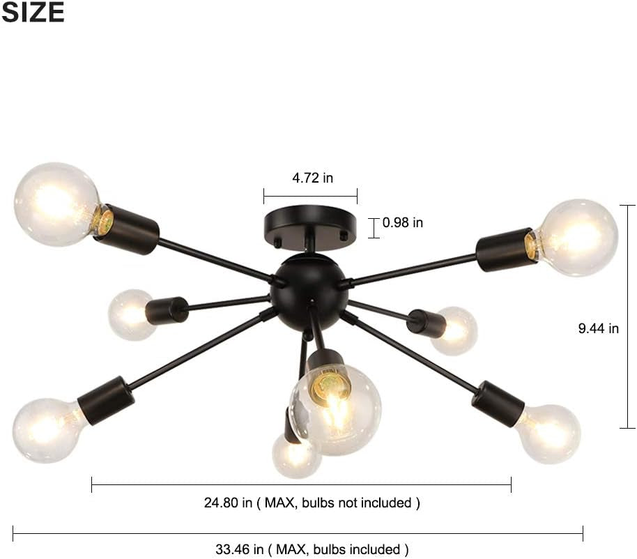 Black 8-Light Semi-Flush Mount Ceiling Light – Sputnik Retro Industrial Chandelier for Kitchen, Living Room, Dining Room, Bedroom &amp; Hallway