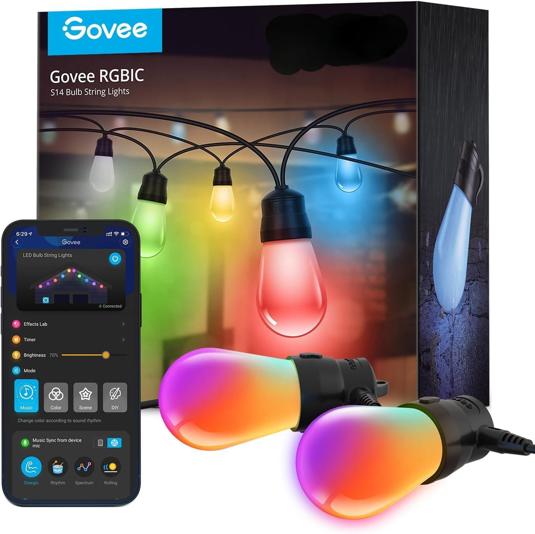 Smart Outdoor String Lights H7015 – 48Ft RGBIC LED Patio Lights with 15 Dimmable Bulbs, App Control, 47 Scene Modes, IP65 Waterproof