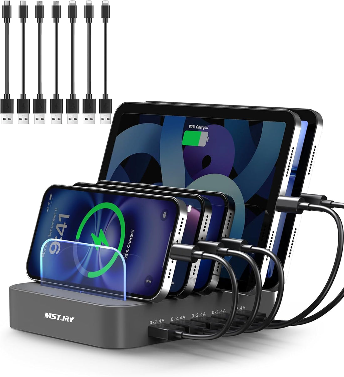 5-Port Multi USB-A Charging Station with Organizer Dock – Includes 7 Short Cables | Compatible with iPhone, iPad, Cell Phones &amp; Tablets | Gray