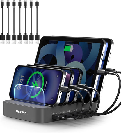 5-Port Multi USB-A Charging Station with Organizer Dock – Includes 7 Short Cables | Compatible with iPhone, iPad, Cell Phones &amp; Tablets | Gray