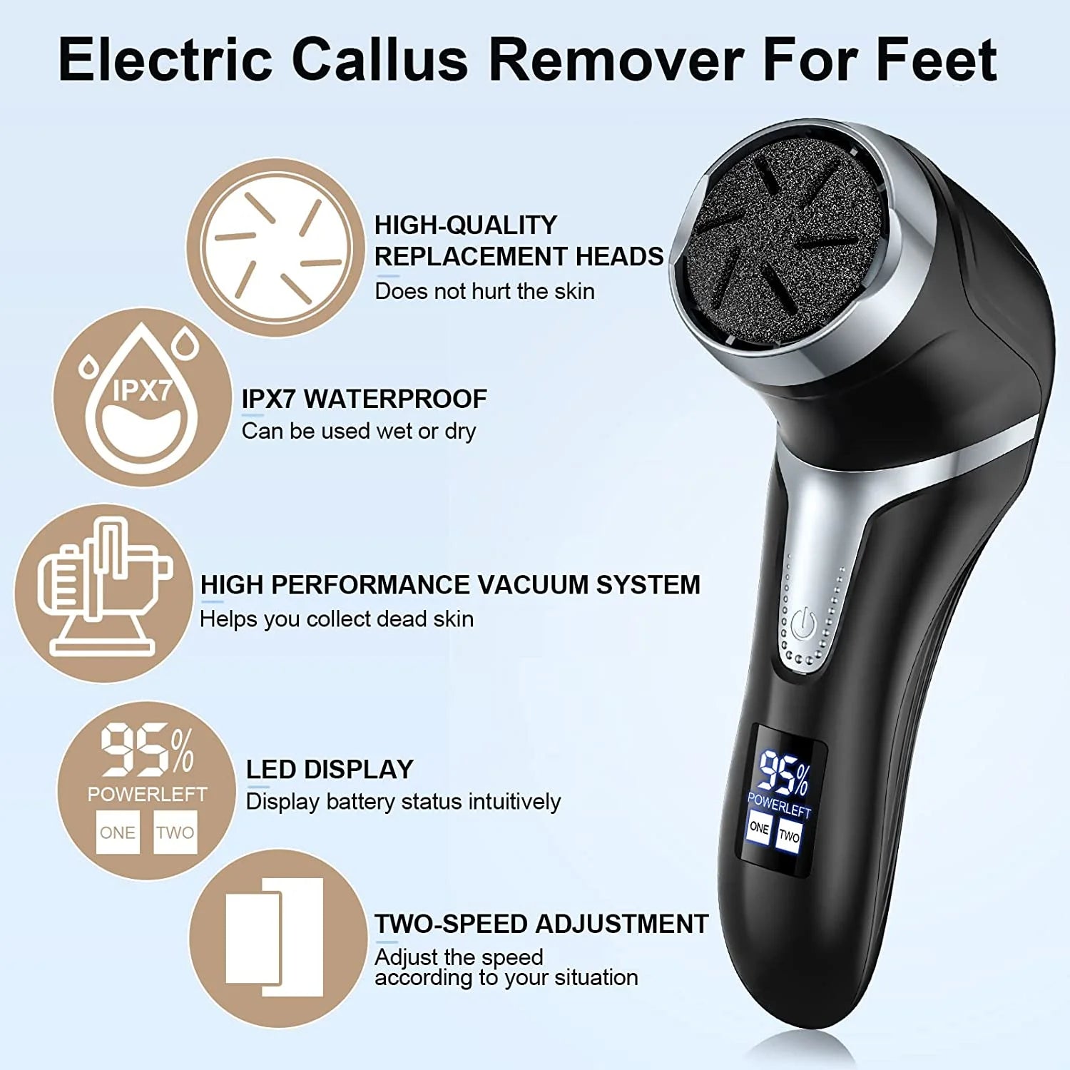 Electric Foot Callus Remover with Vacuum Cleaner – Rechargeable Foot File Dead Skin Remover with 2-Speed Settings, 3 Grinding Heads, LCD Display – Professional Black Foot Care Kit