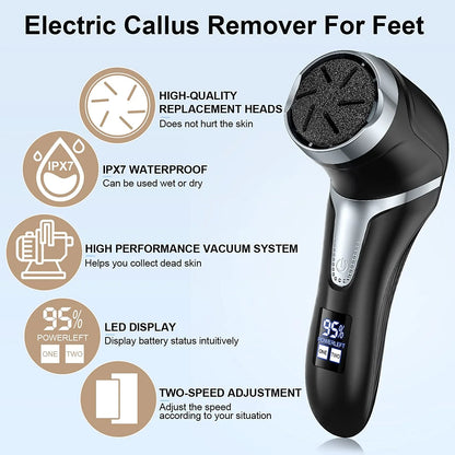 Electric Foot Callus Remover with Vacuum Cleaner – Rechargeable Foot File Dead Skin Remover with 2-Speed Settings, 3 Grinding Heads, LCD Display – Professional Black Foot Care Kit