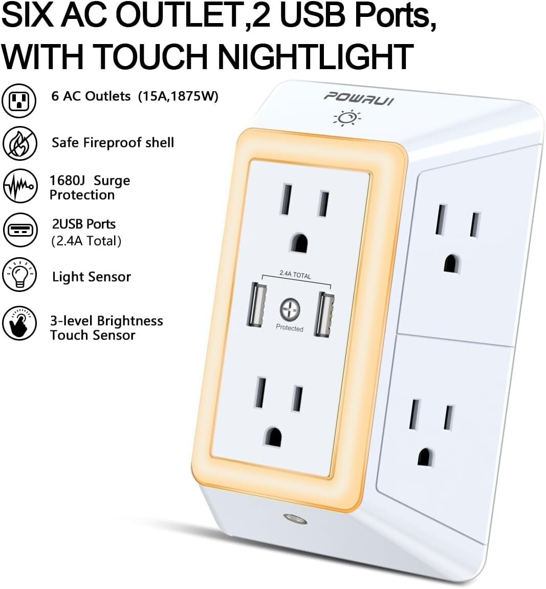 USB Wall Charger Surge Protector 6-Outlet Extender with Night Light &amp; 2 USB Ports