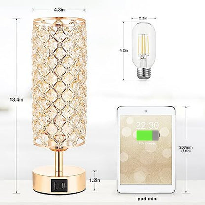 Crystal Table Lamp for Bedroom with USB-C, USB-A, and USB-C+A Charging Ports | Elegant Gold Finish