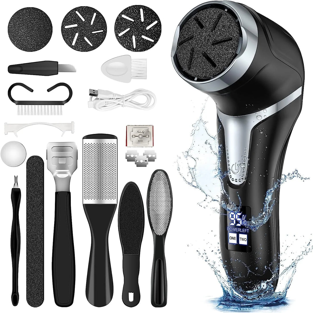 Electric Foot Callus Remover with Vacuum Cleaner – Rechargeable Foot File Dead Skin Remover with 2-Speed Settings, 3 Grinding Heads, LCD Display – Professional Black Foot Care Kit