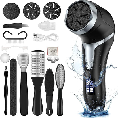 Electric Foot Callus Remover with Vacuum Cleaner – Rechargeable Foot File Dead Skin Remover with 2-Speed Settings, 3 Grinding Heads, LCD Display – Professional Black Foot Care Kit
