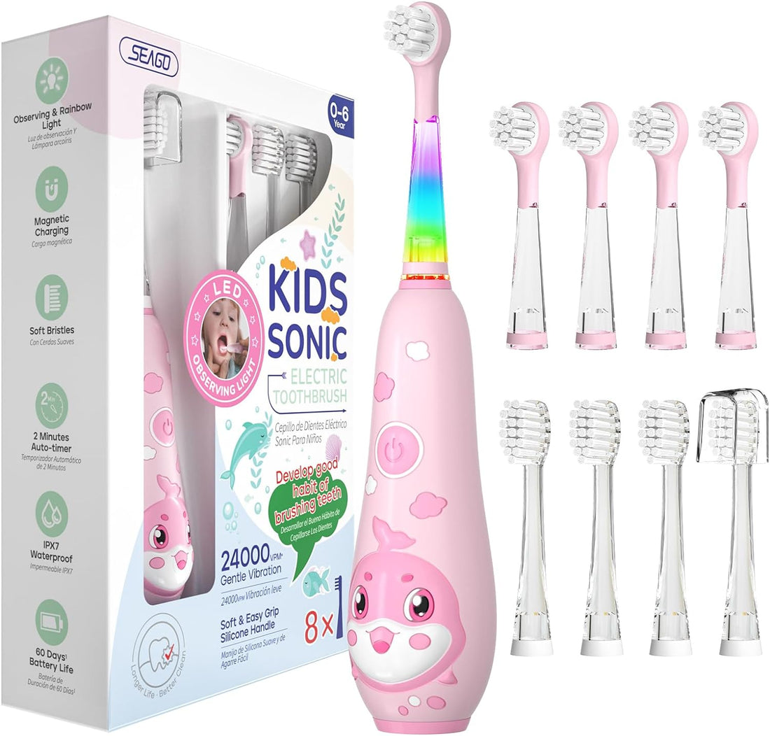 Kids Electric Toothbrush Rechargeable with Magnetic Charging – 8 Heads &amp; LED Light for Toddlers &amp; Kids Ages 2-6 (Pink)