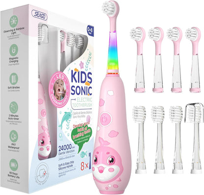 Kids Electric Toothbrush Rechargeable with Magnetic Charging – 8 Heads &amp; LED Light for Toddlers &amp; Kids Ages 2-6 (Pink)