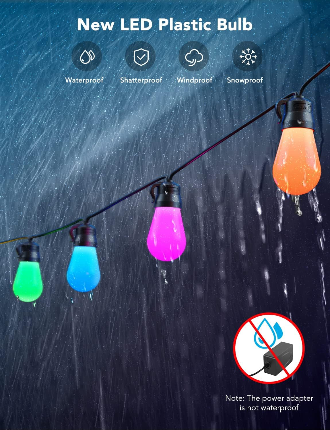 Smart Outdoor String Lights H7015 – 48Ft RGBIC LED Patio Lights with 15 Dimmable Bulbs, App Control, 47 Scene Modes, IP65 Waterproof